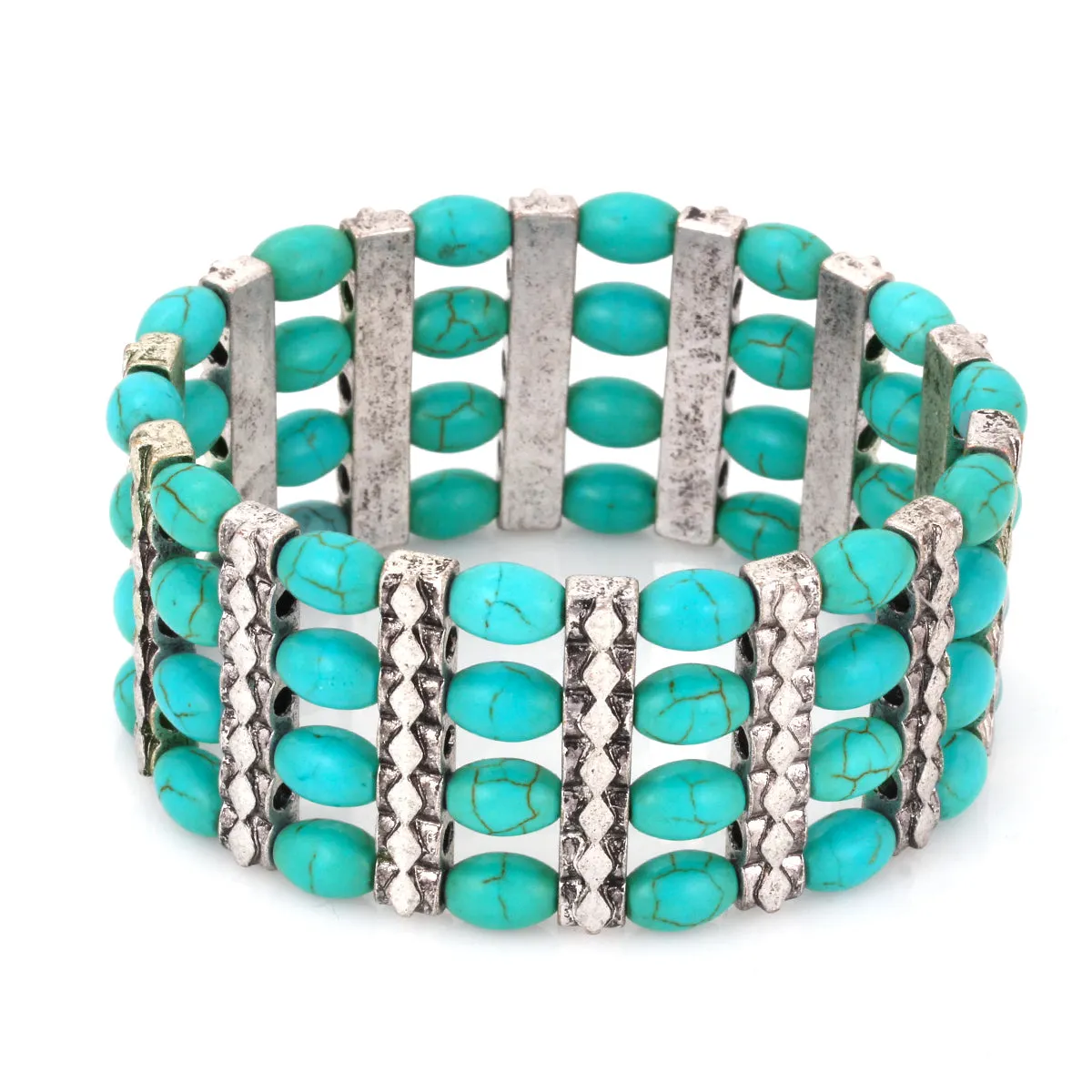 SILVER TURQUOISE BEADS STRETCH BRACELET #HNB89297SXTQ (SE12)