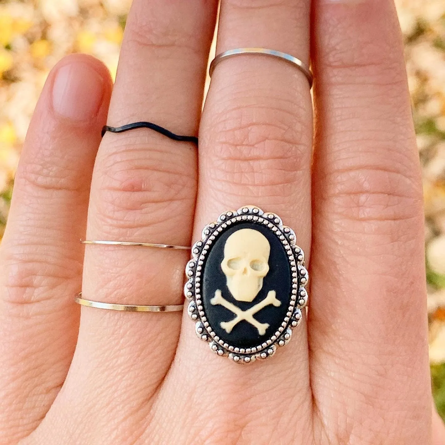 Skull and Crossbones Cameo Ring / Silver Adjustable Band