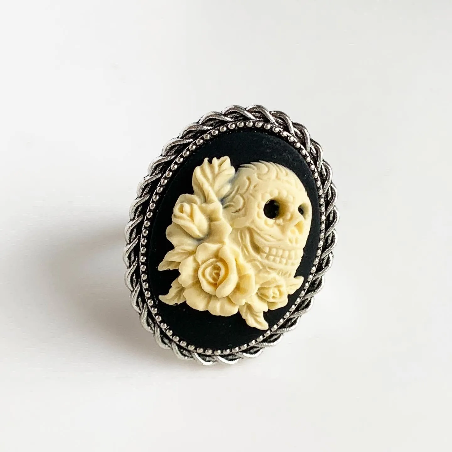 Skull and Roses Cameo Ring - Adjustable Band