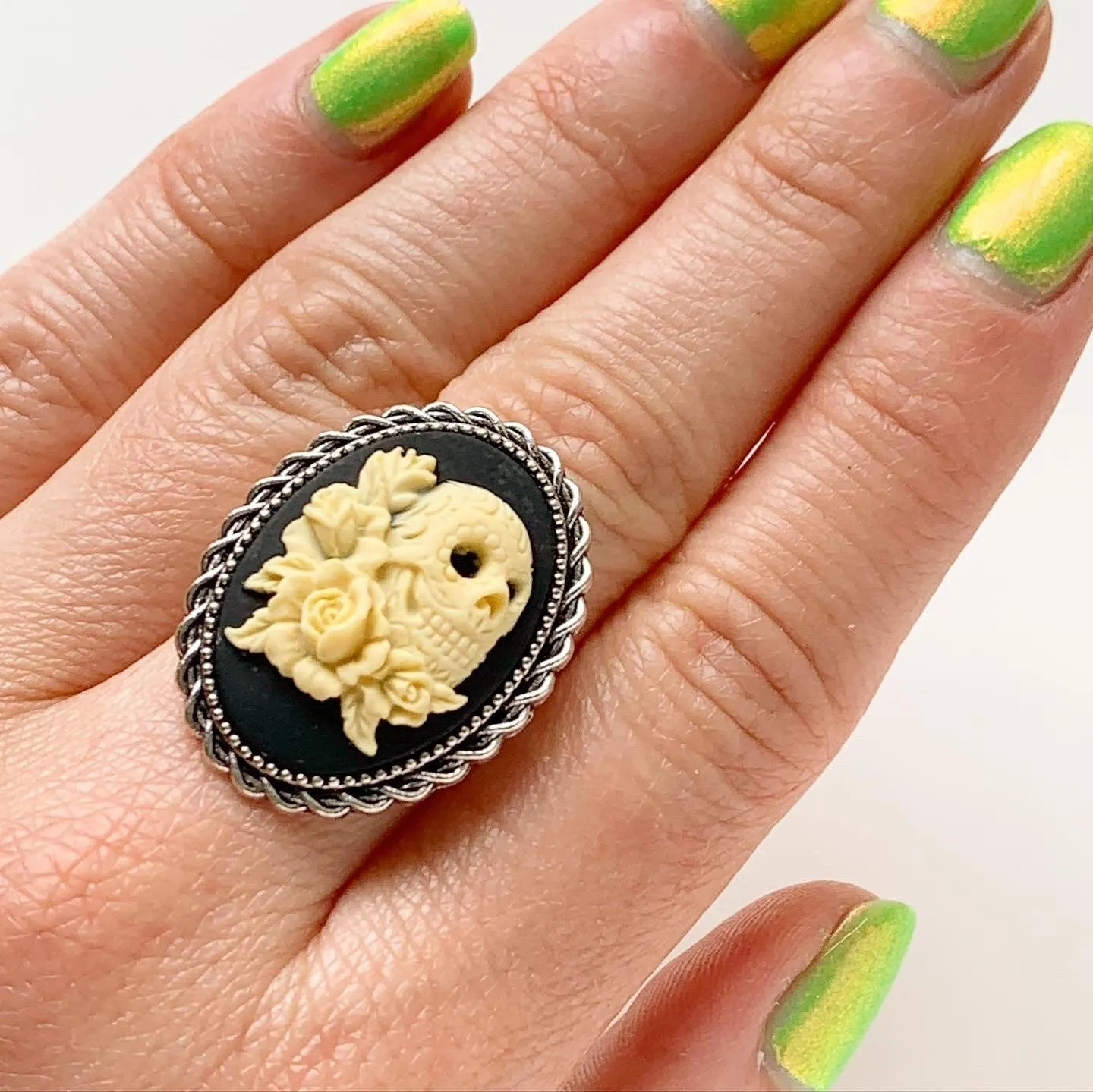 Skull and Roses Cameo Ring - Adjustable Band