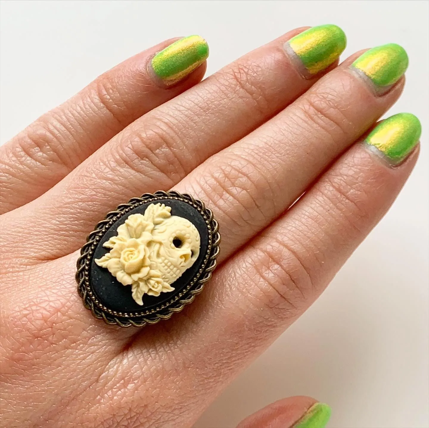 Skull and Roses Cameo Ring - Adjustable Band