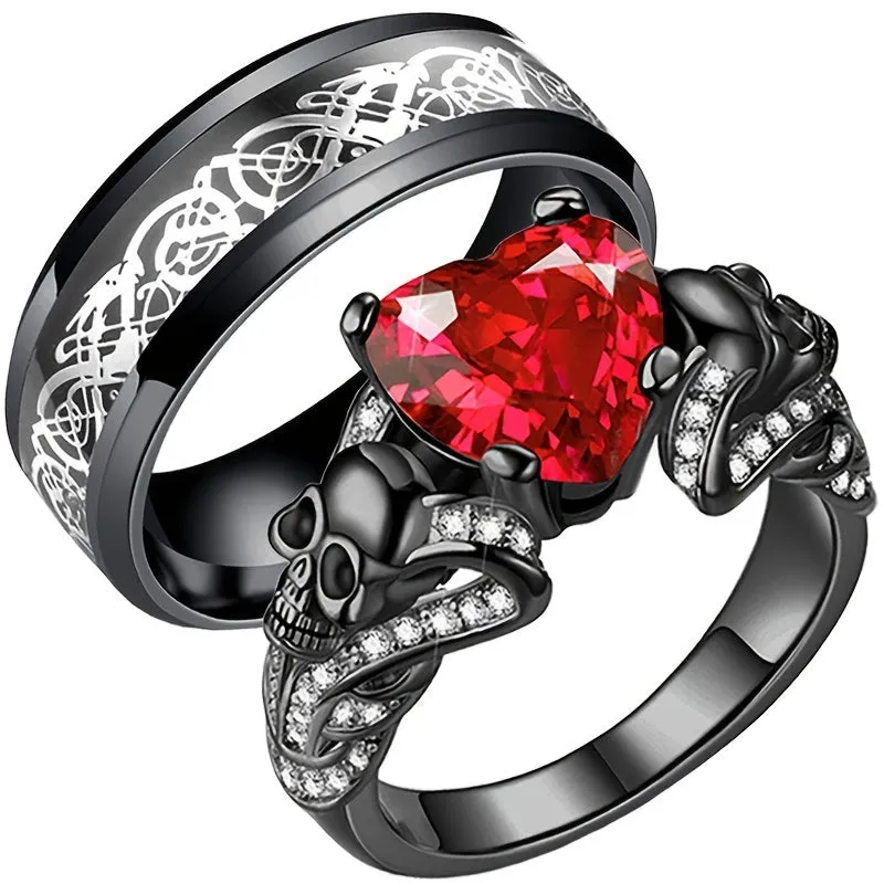 Skull Couple Ring Set Stainless Steel Men Women Punk Gothic Style