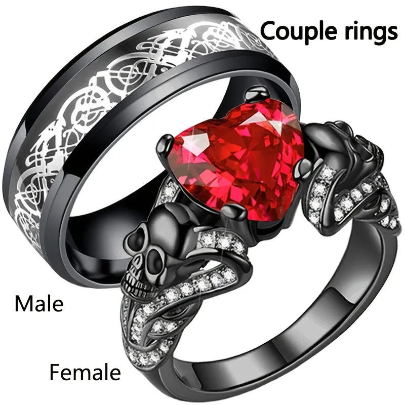 Skull Couple Ring Set Stainless Steel Men Women Punk Gothic Style
