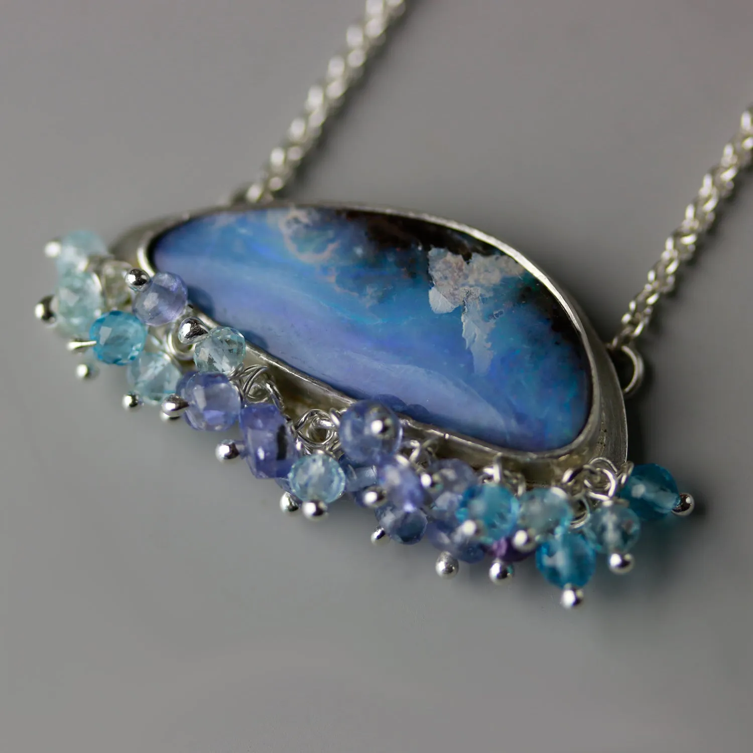 SOLD  Blue Skies and Fluffy Clouds Boulder Opal with Fringe