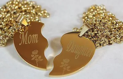 SOLID STAINLESS IPG GOLD PLATED THICK MOM DAUGHTER SPLIT HEART NECKLACES