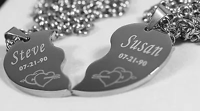 SOLID STAINLESS STEEL ARROW THROUGH HEARTS SPLIT HEART NECKLACES FREE ENGRAVE