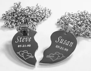 SOLID STAINLESS STEEL ARROW THROUGH HEARTS SPLIT HEART NECKLACES FREE ENGRAVE