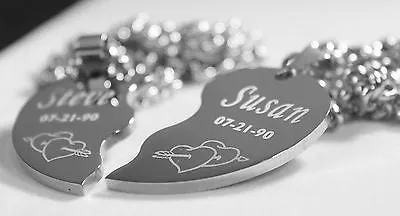 SOLID STAINLESS STEEL ARROW THROUGH HEARTS SPLIT HEART NECKLACES FREE ENGRAVE