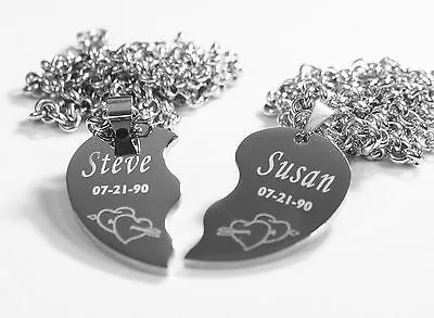 SOLID STAINLESS STEEL ARROW THROUGH HEARTS SPLIT HEART NECKLACES FREE ENGRAVE