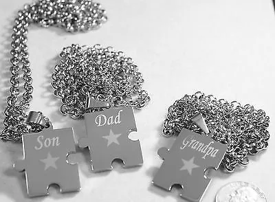 SON DAD GRANDPA PUZZLE PIECE SOLID STAINLESS STEEL ROLO  CHAIN NECKLACE