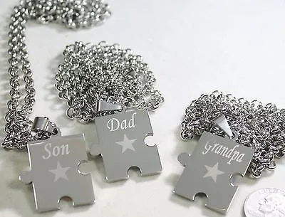SON DAD GRANDPA PUZZLE PIECE SOLID STAINLESS STEEL ROLO  CHAIN NECKLACE