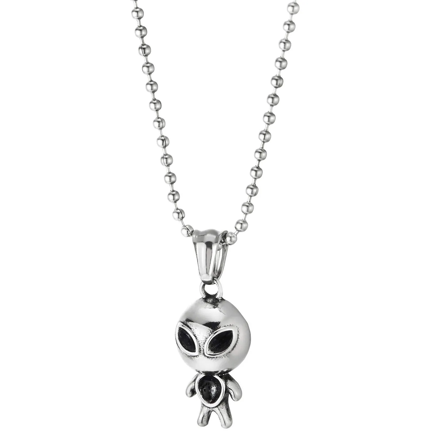 Stainless Steel Alien Pendant Necklace for Men Women, Polished, 23.6 Inches Ball Chain, Cute