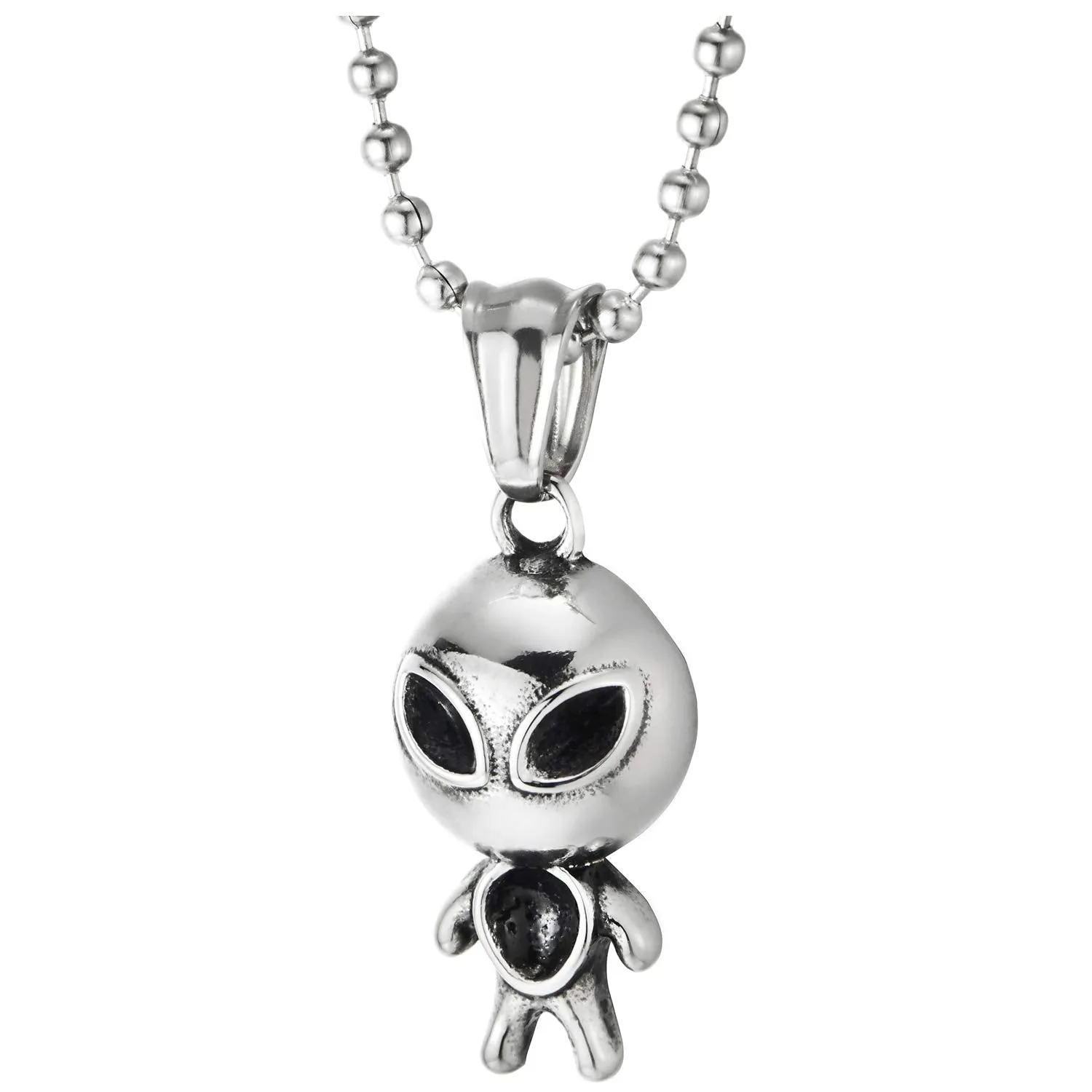 Stainless Steel Alien Pendant Necklace for Men Women, Polished, 23.6 Inches Ball Chain, Cute