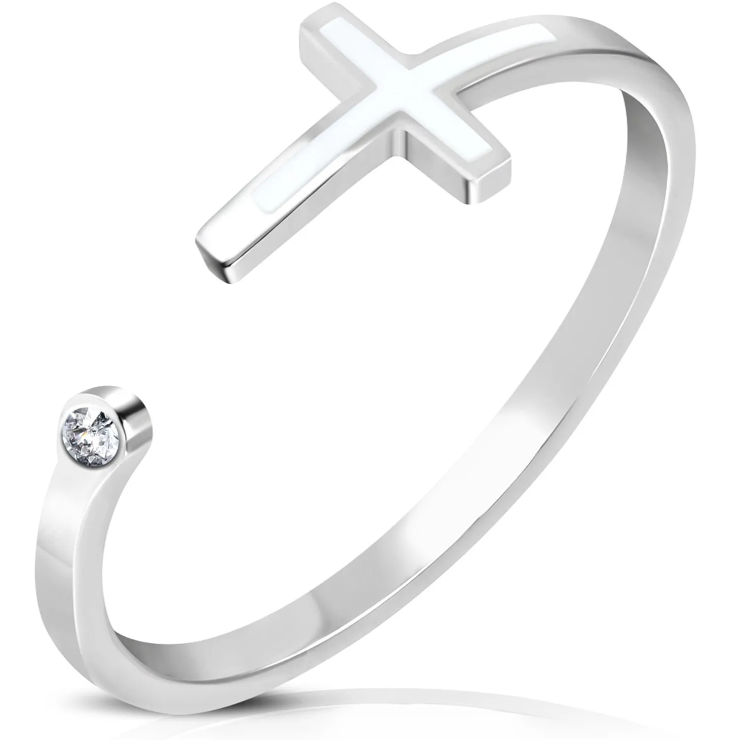 Stainless Steel Clear CZ 2-Tone Classic Cross Open Ring