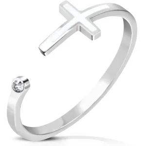 Stainless Steel Clear CZ 2-Tone Classic Cross Open Ring