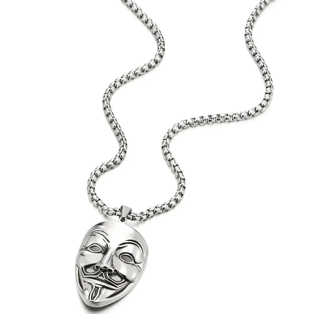 Stainless Steel Clown Mask Pendant Necklace for Men Women with 30 inches Wheat Chain