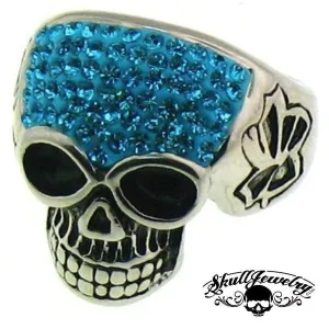 Stainless Steel Crystal Skull with Multi Blue Cubic Zirconia Ring (#311)