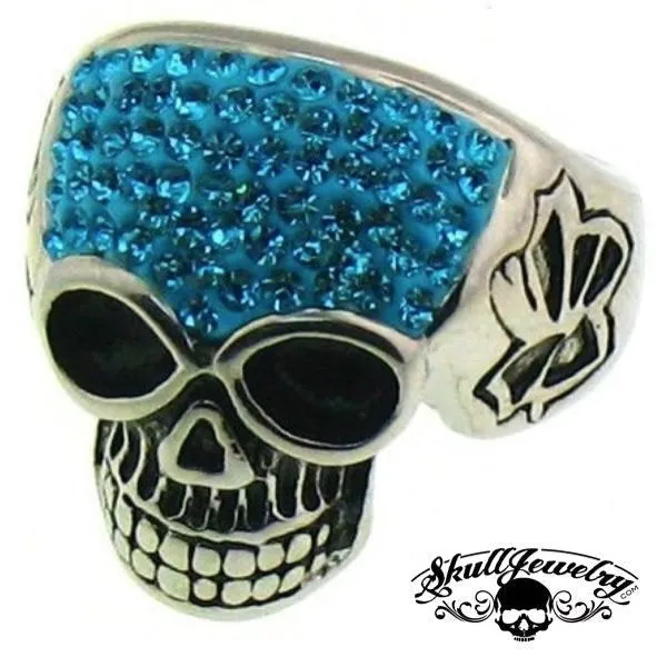 Stainless Steel Crystal Skull with Multi Blue Cubic Zirconia Ring (#311)