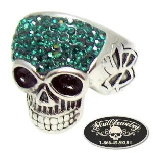 Stainless Steel Crystal Skull with Multi GREEN Cubic Zirconia Ring (298)