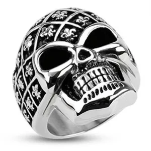 Stainless Steel Fleur De Lis Pattern Decorated Skull Wide Cast Ring (392)