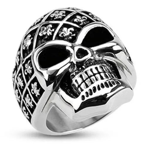 Stainless Steel Fleur De Lis Pattern Decorated Skull Wide Cast Ring (392)
