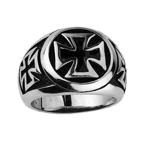 Stainless Steel Iron Cross Ring with Small Iron Crosses on the sides (#152)