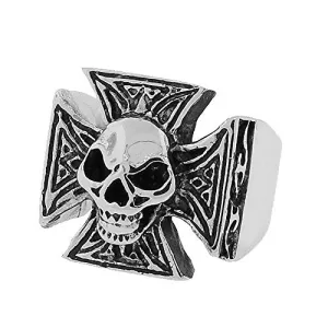 Stainless Steel Silver-Tone Gothic Cross Skull Statement Mens Ring Band
