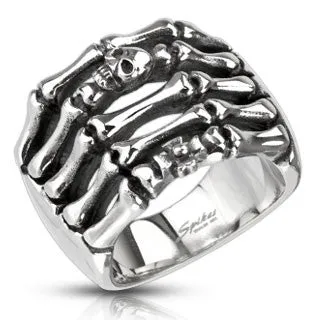 Stainless Steel Skeleton Hand with Skull and cross cast ring