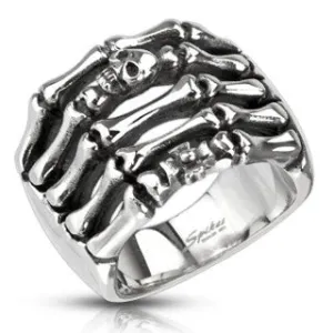 Stainless Steel Skeleton Hand with Skull and cross cast ring