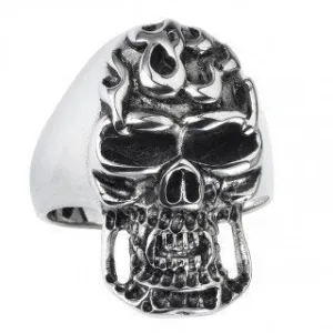 Stainless Steel Skull Ring Long Face With Flames on Forehead (#049)