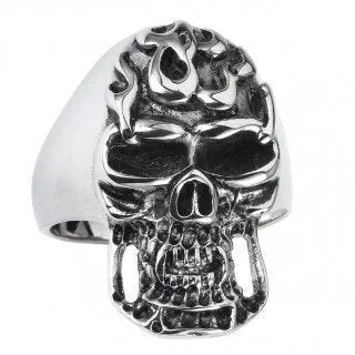 Stainless Steel Skull Ring Long Face With Flames on Forehead (#049)