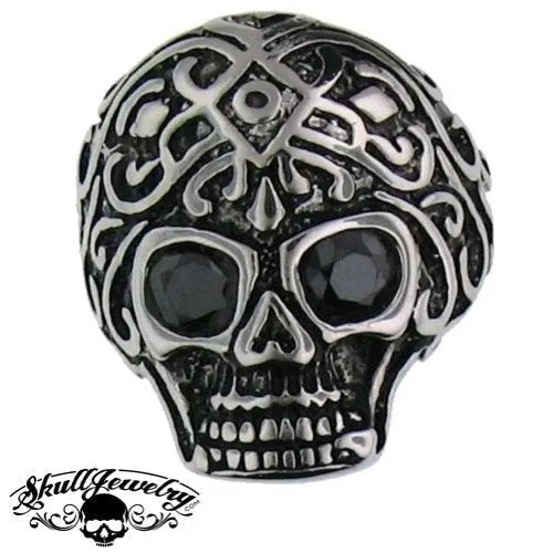Stainless Steel Skull Ring With Black Stones In Both Eyes - Very Detailed and Ornate (184)