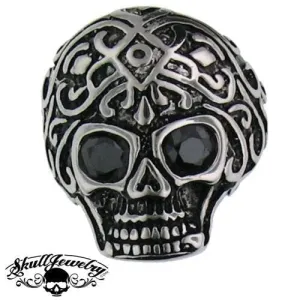 Stainless Steel Skull Ring With Black Stones In Both Eyes - Very Detailed and Ornate (184)