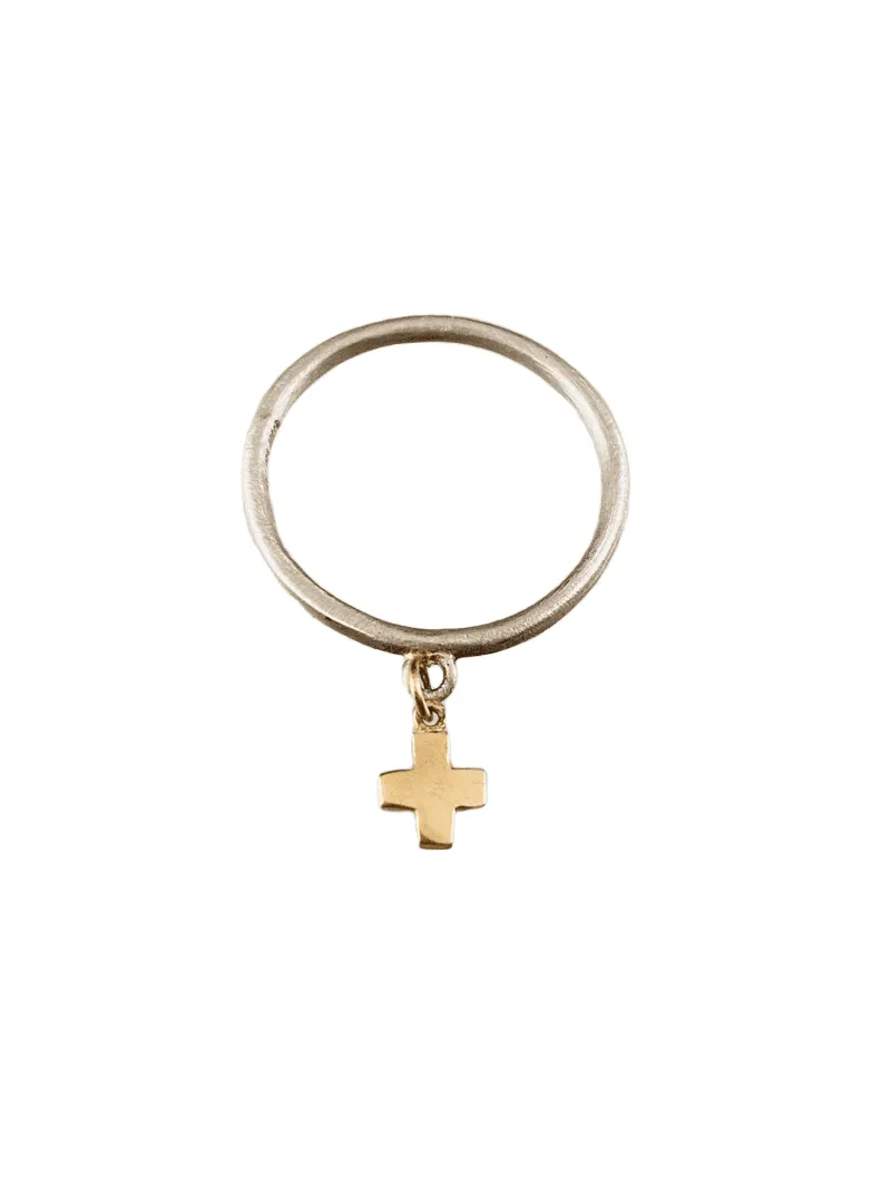 Sterling & 14K Gold Tiny Cross Charm Ring