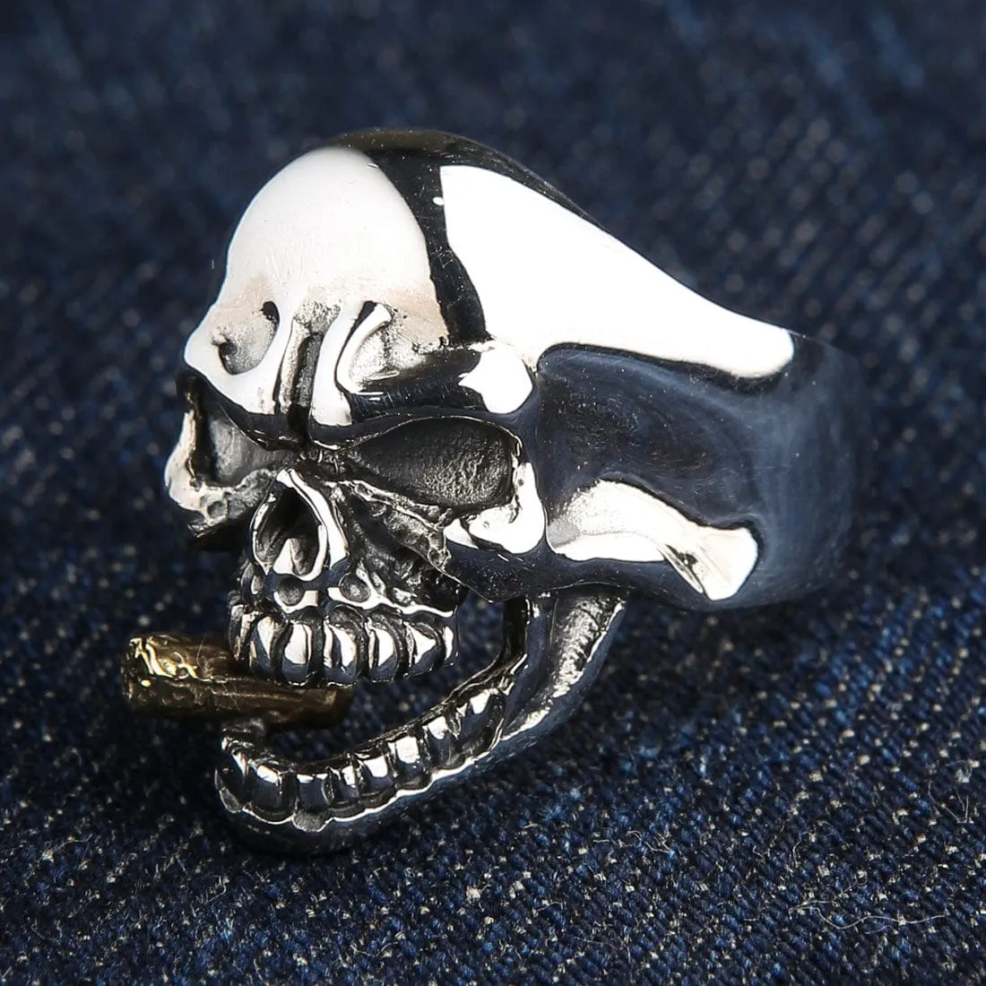 Sterling Silver Cigar Mafia Skull Biker Ring