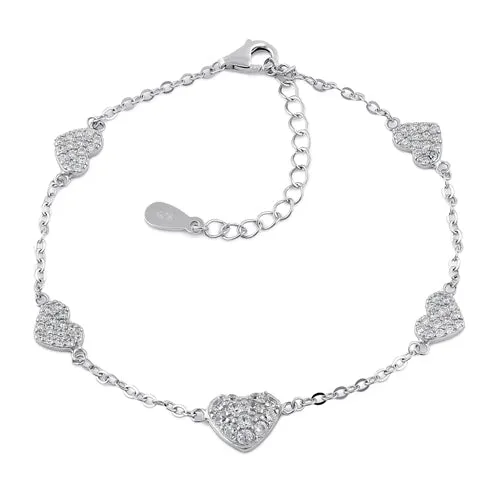 Sterling Silver Clear CZ Heart Charm Bracelet