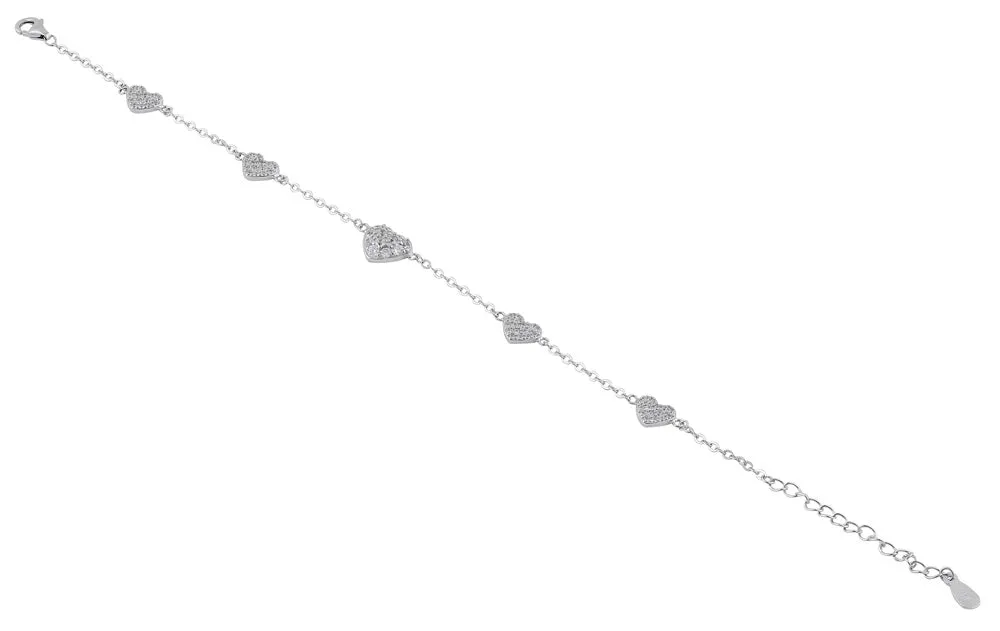 Sterling Silver Clear CZ Heart Charm Bracelet