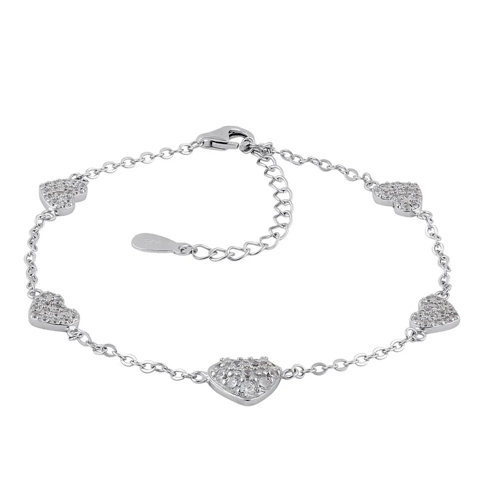 Sterling Silver Clear CZ Heart Charm Bracelet