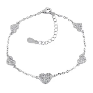 Sterling Silver Clear CZ Heart Charm Bracelet