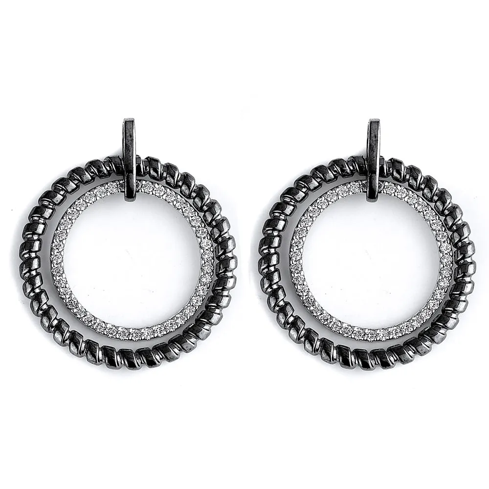 Sterling Silver Rhodium Plated and CZ Circular Earrings
