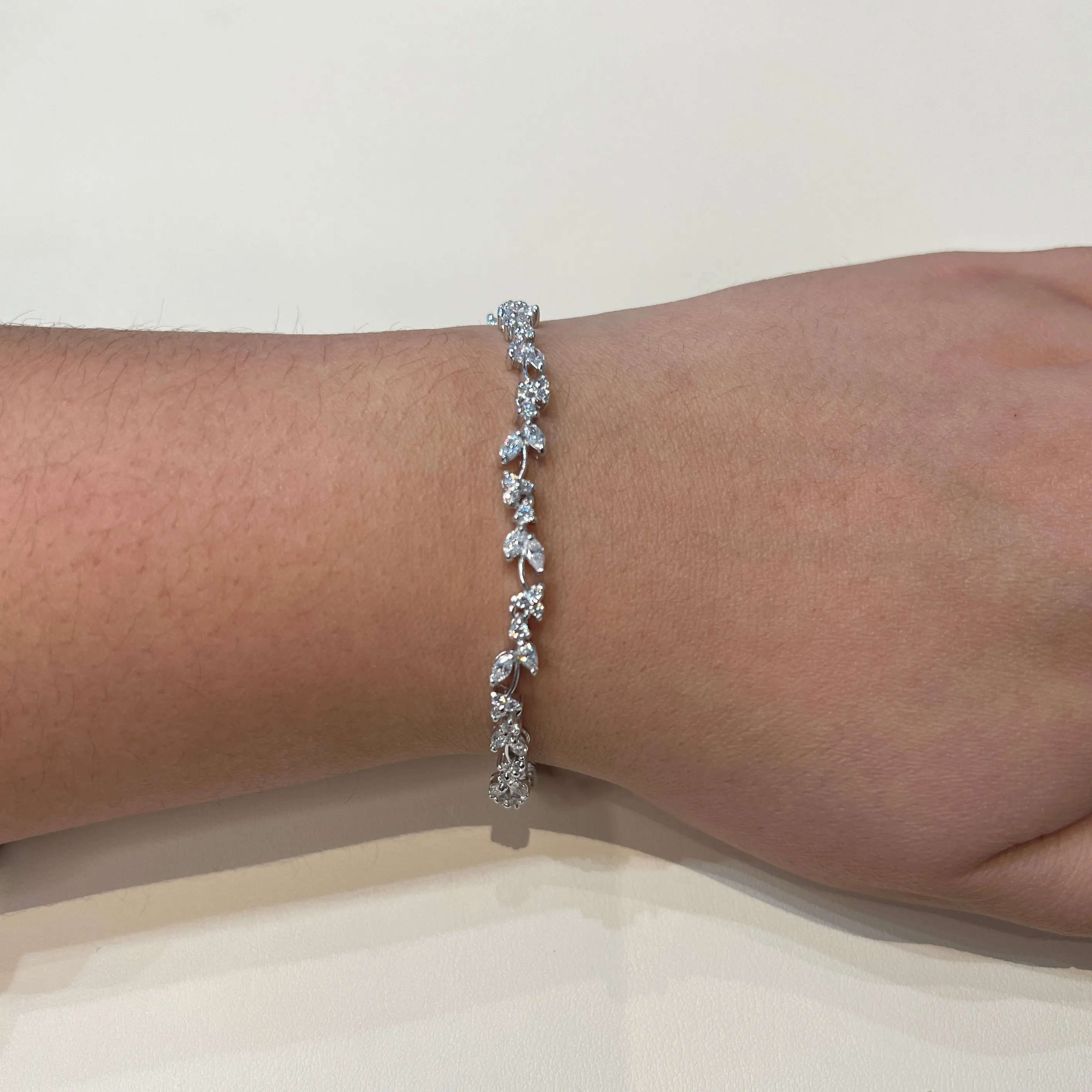 Sterling Silver Rhodium Plated Fancy CZ Floral Design Bracelet