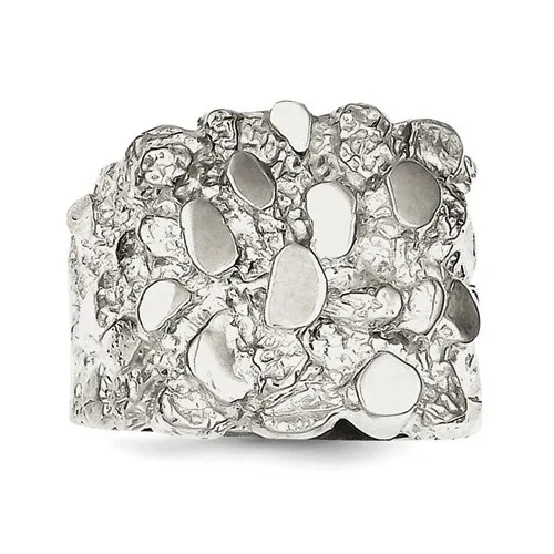 Sterling Silver Rhodium Plated Mens Nugget Ring
