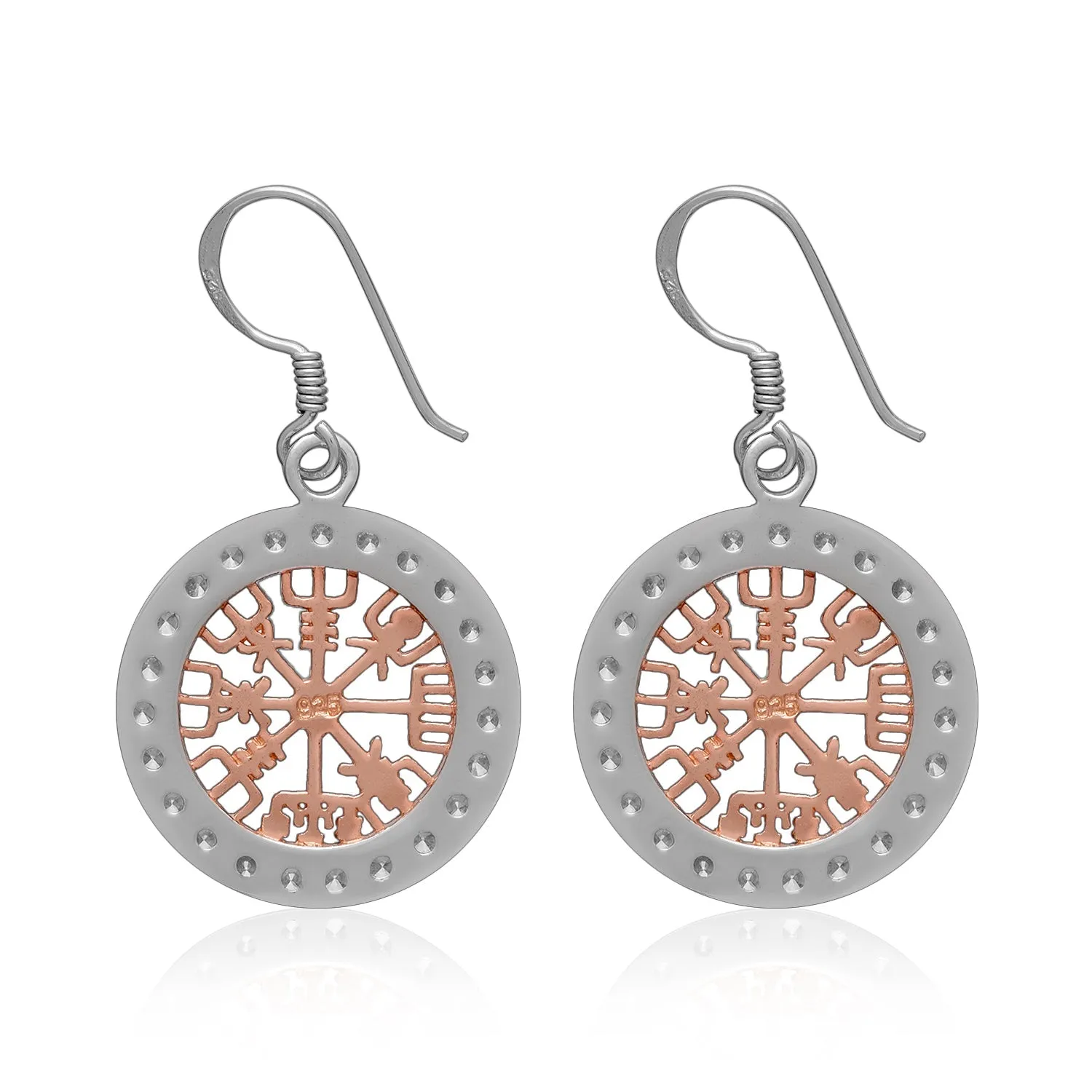 Sterling Silver Rose Gold Viking Vegvisir Earrings with CZ