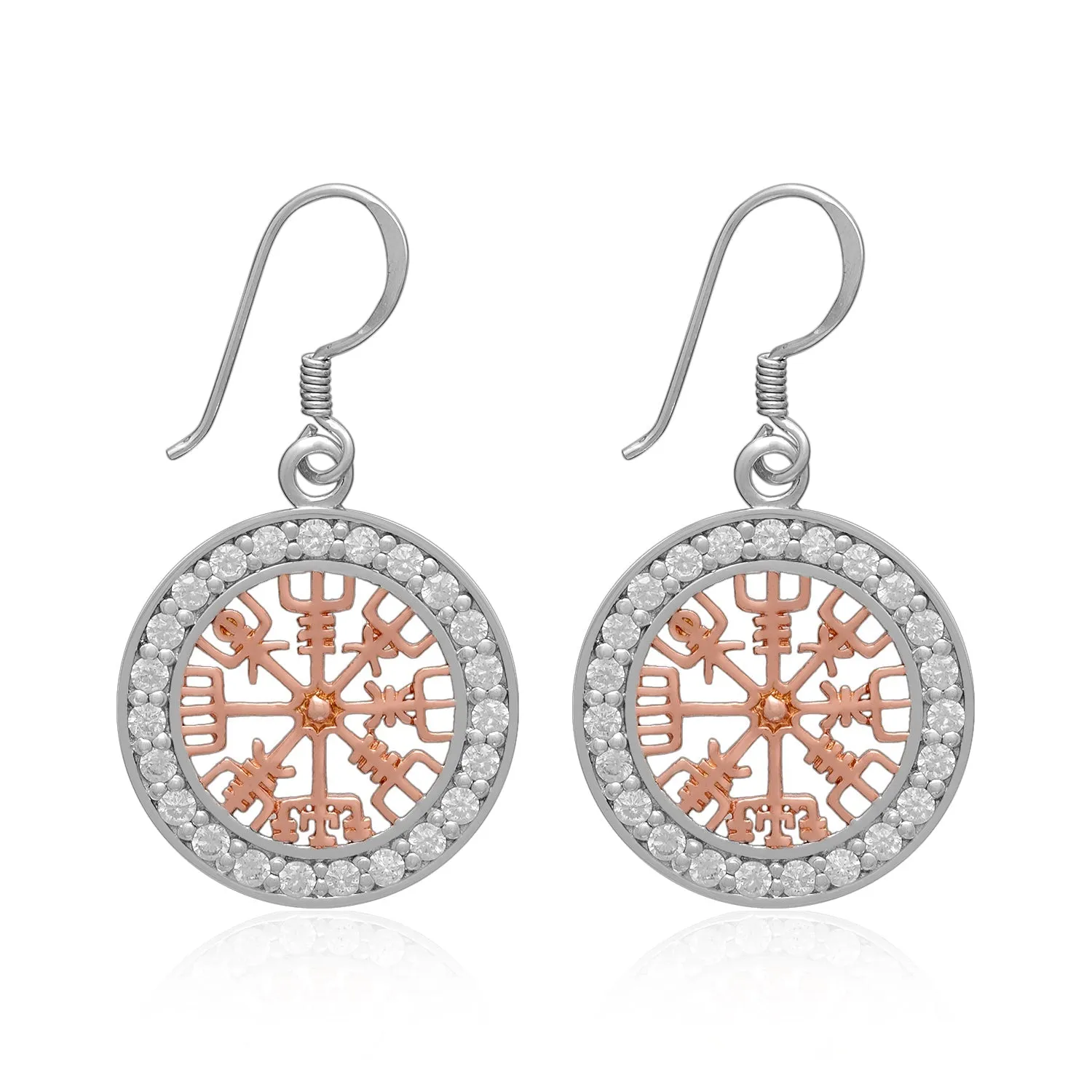 Sterling Silver Rose Gold Viking Vegvisir Earrings with CZ