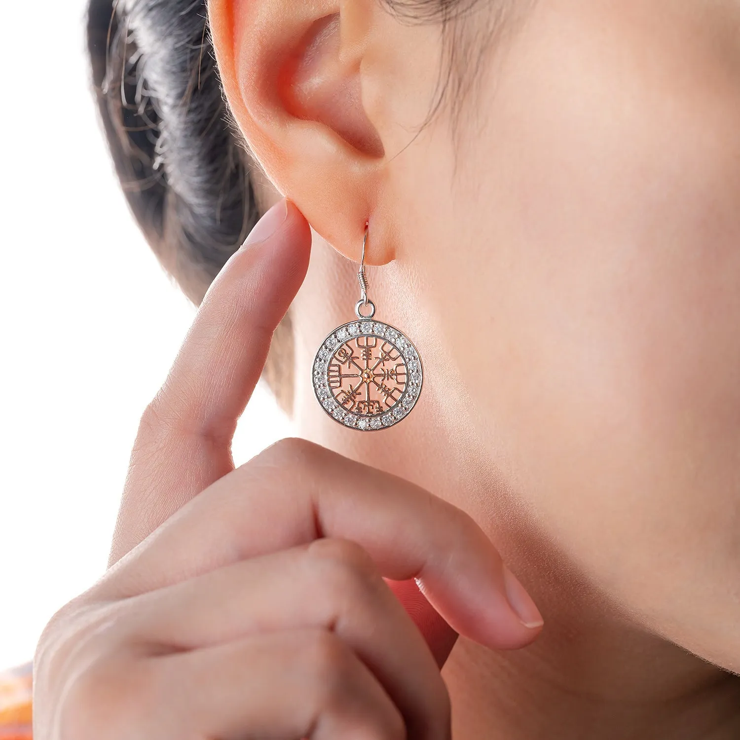 Sterling Silver Rose Gold Viking Vegvisir Earrings with CZ
