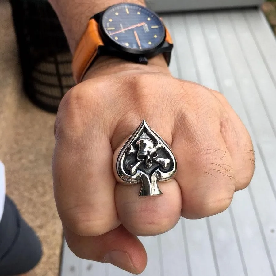 Sterling Silver Spade Crossbone Skull Ring