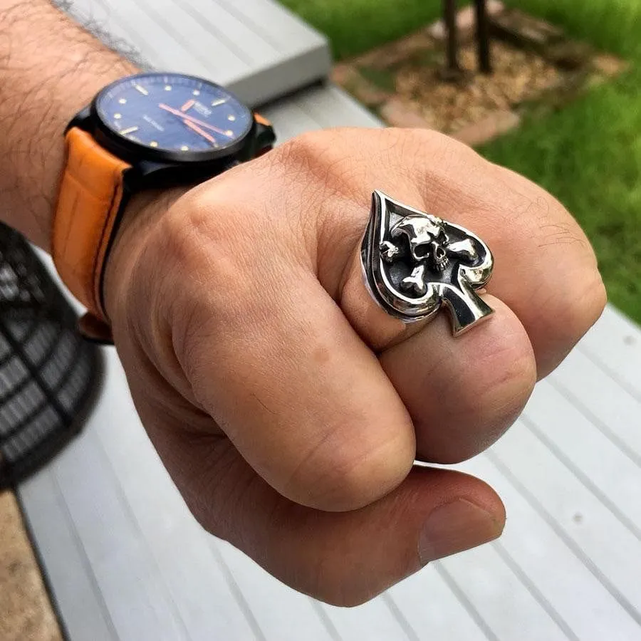 Sterling Silver Spade Crossbone Skull Ring