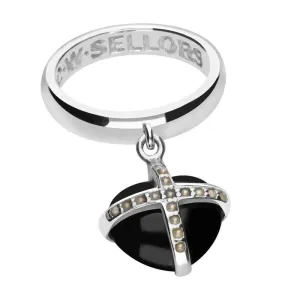 Sterling Silver Whitby Jet Seventeen Pearl Small Cross Heart Dropper Ring