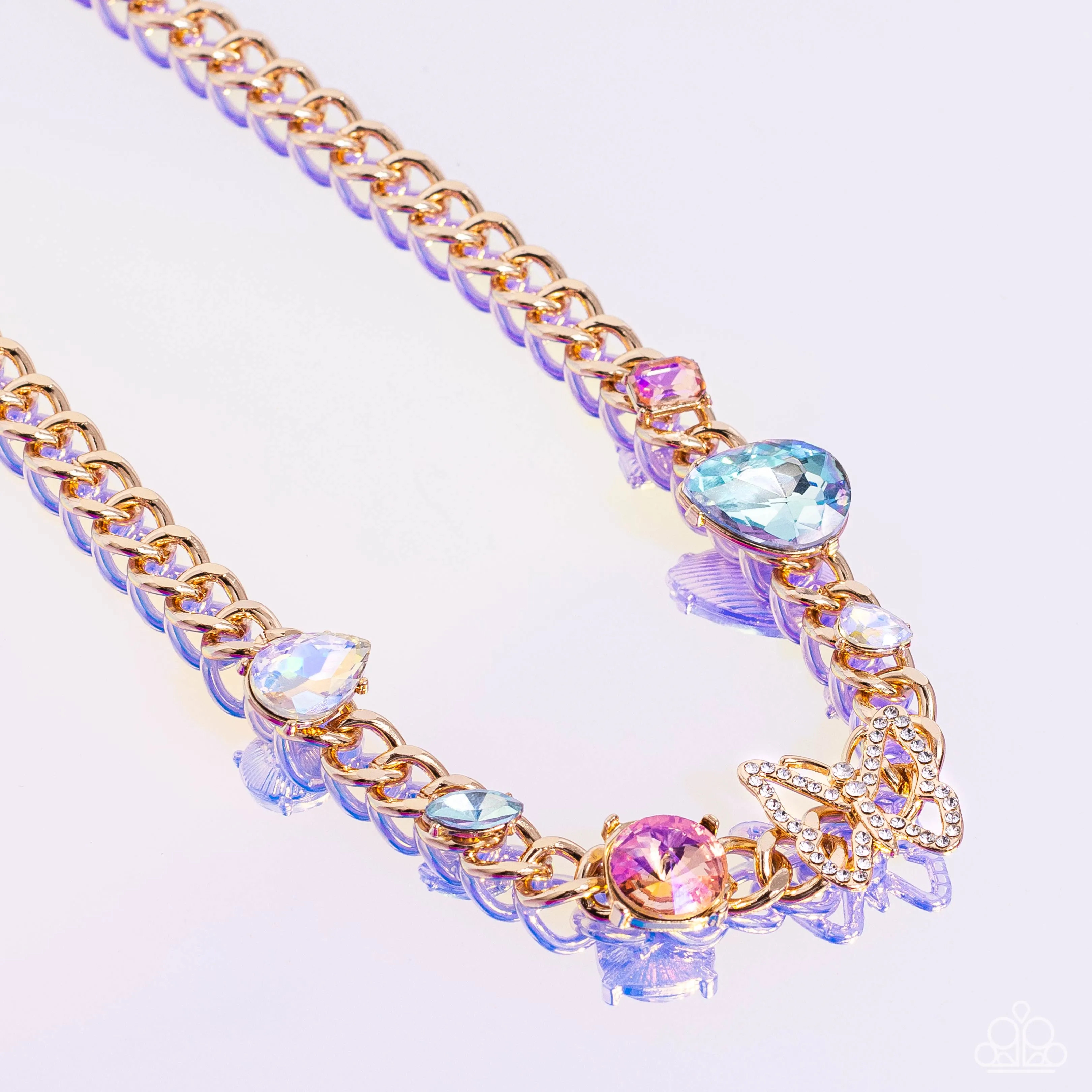 Storybook Succession - Gold - Iridescent Gem Butterfly Paparazzi Short Necklace - September 2023 Life of the Party Exclusive
