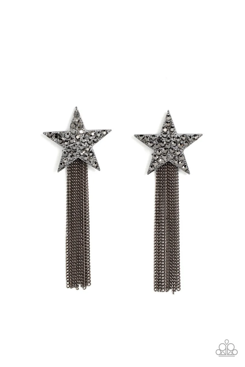 Superstar Solo - Black - White Rhinestone Encrusted Star Gunmetal Tassel Paparazzi Post Earrings